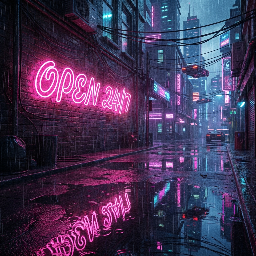 Atmospheric cyberpunk street scene generated by DALL-E 3