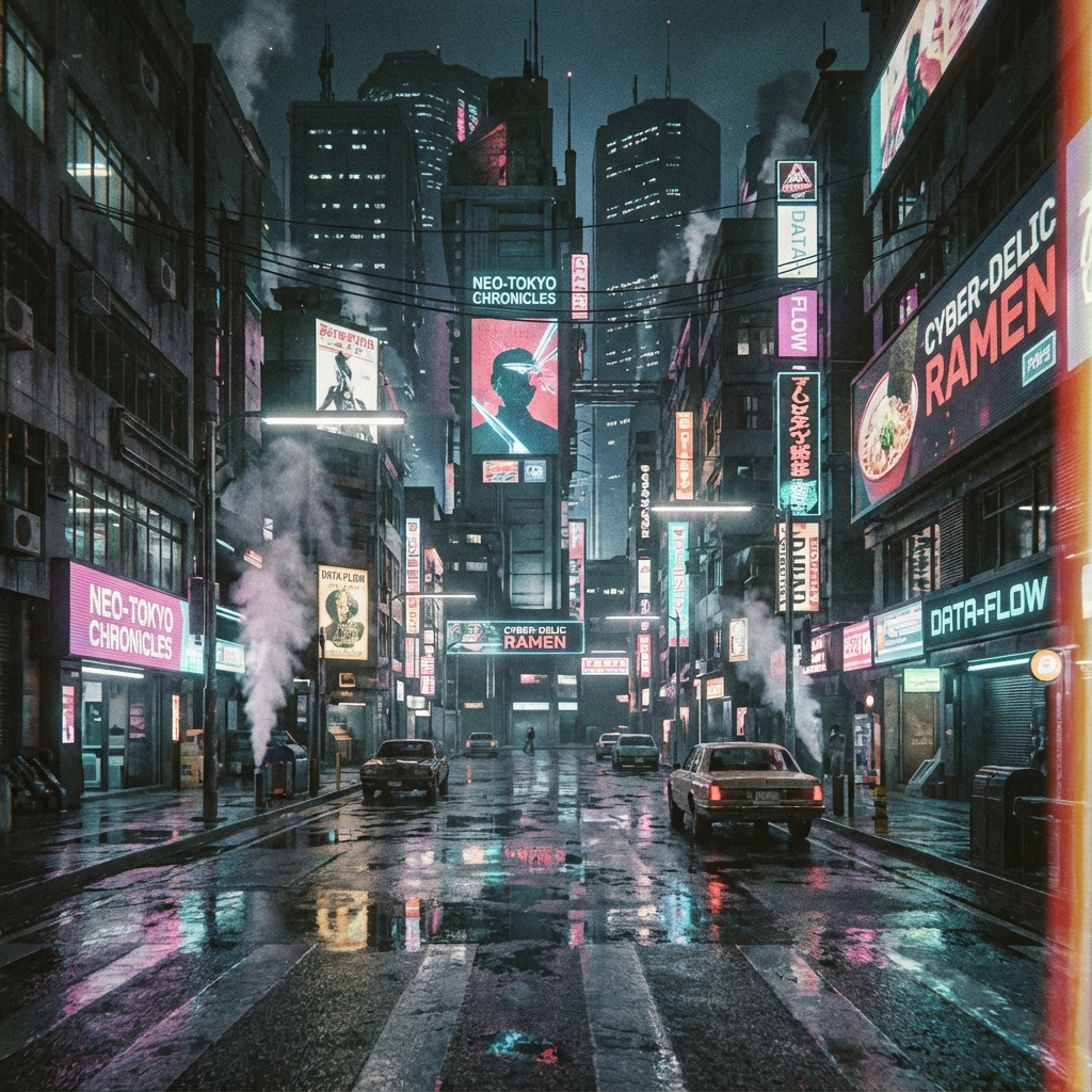 Cinematic cyberpunk street scene generated with Midjourney v6
