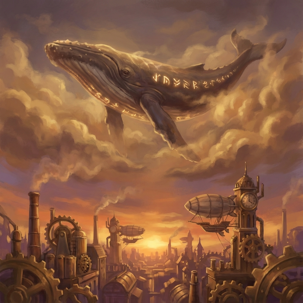 Surreal painting of a whale floating above a steampunk city generated by SDXL